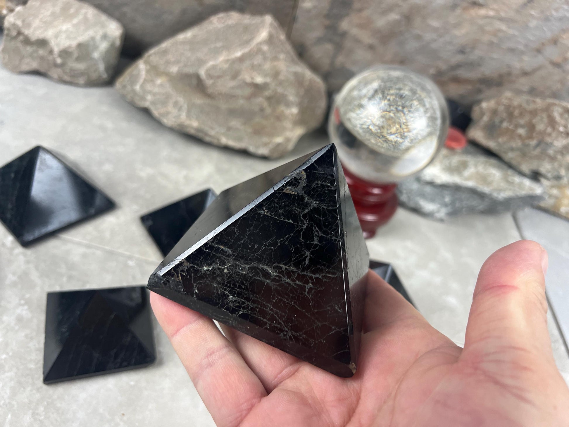 Namibia Black Tourmaline Natural Pyramid Smooth Polished Carved Crystal Worry Anxiety Distraction Meditation Christmas Xmas Gift Decor Focus
