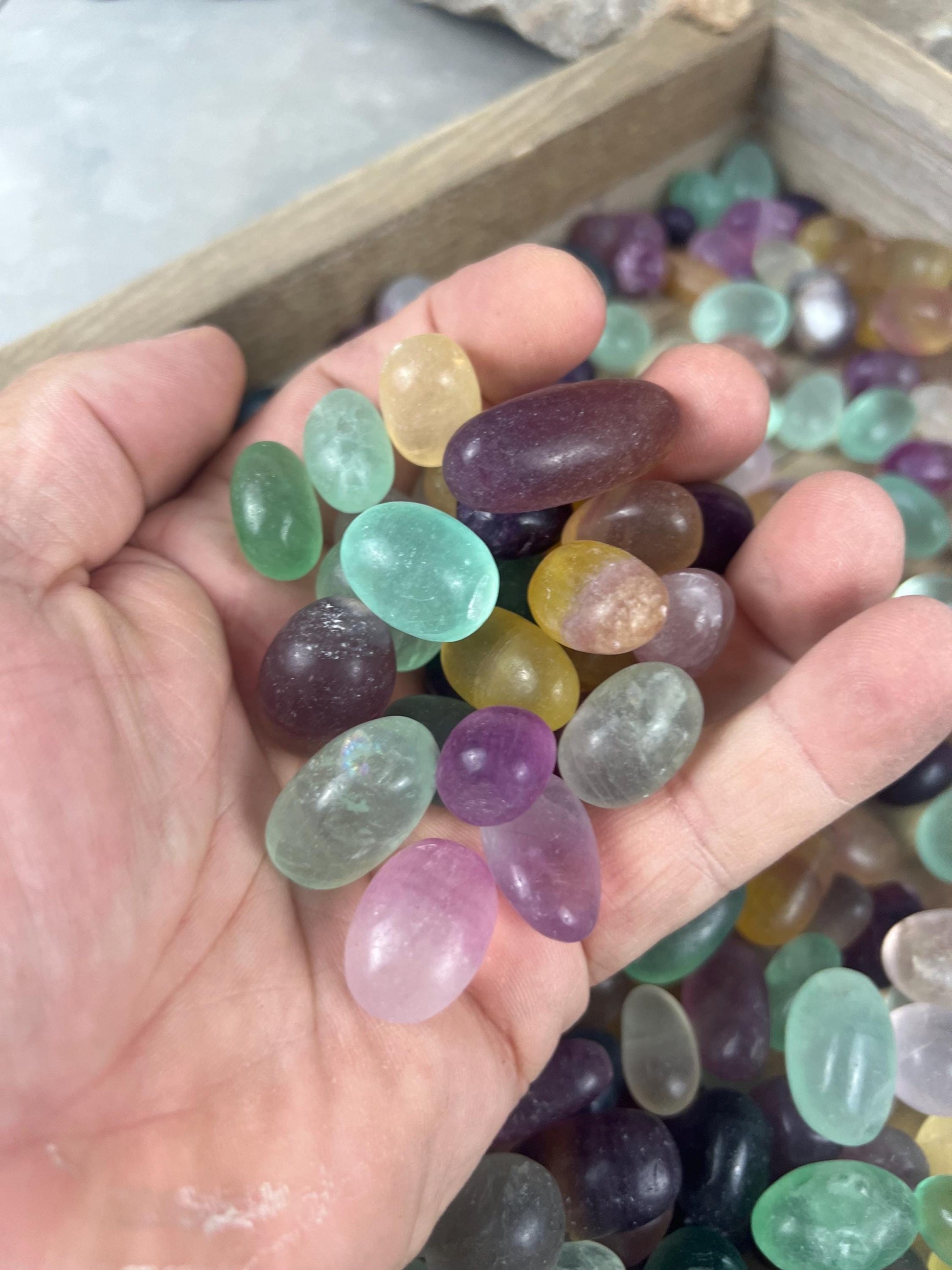 Rainbow and Candy Fluorite Natural Tumble Stones Smooth Polished Carved Crystal for Distraction Anxiety or Worry Home Decor Holiday Xmas