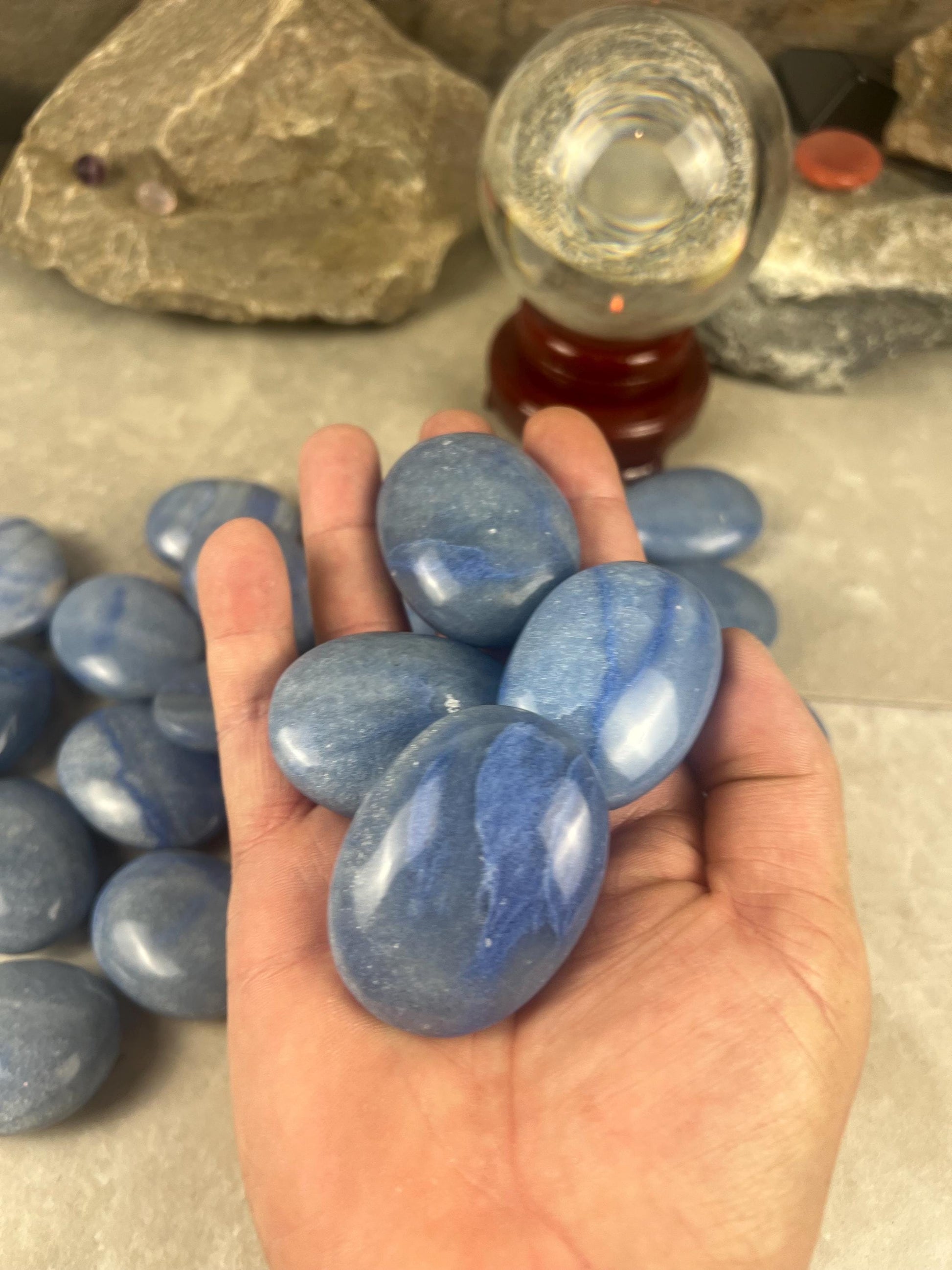 Blue Dumortierite Palm Stone Carved Crystal for Stress Relief Worry Crystal Gift Birthday Christmas