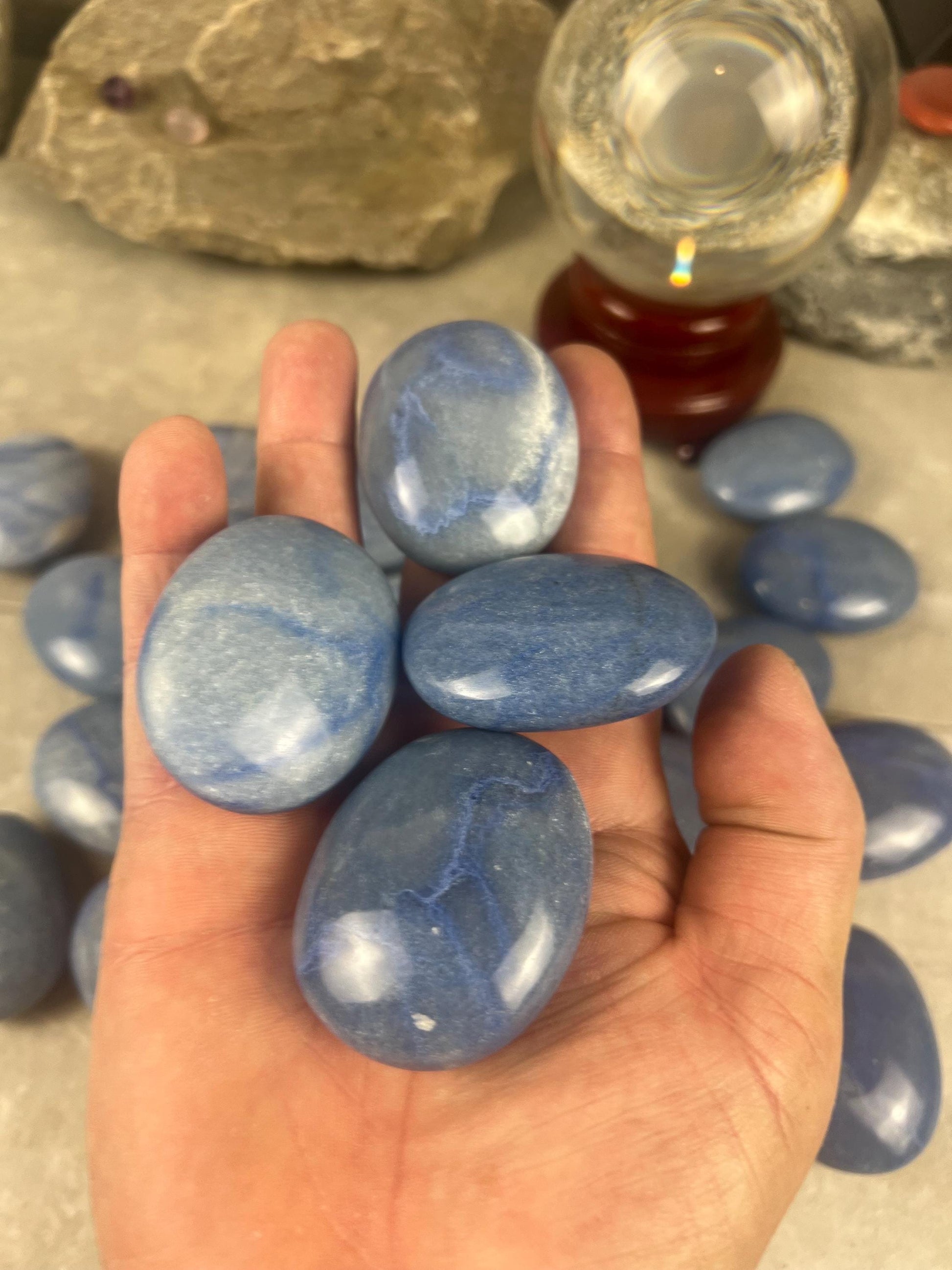 Blue Dumortierite Palm Stone Carved Crystal for Stress Relief Worry Crystal Gift Birthday Christmas