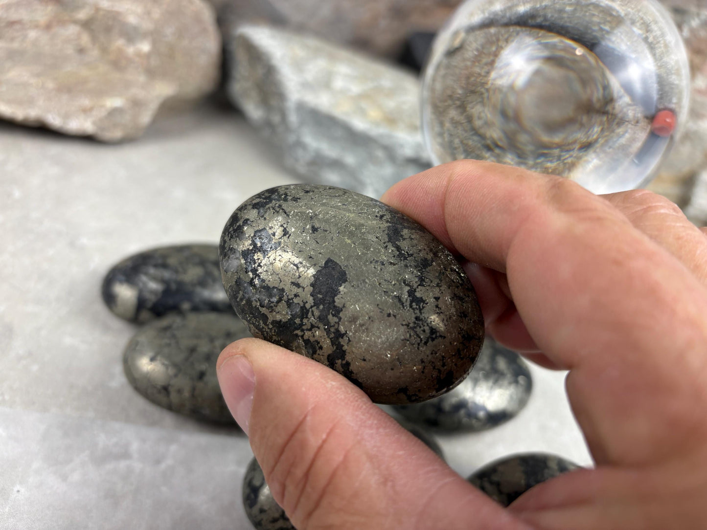 Spanish Black Iron Pyrite Egg Palm Stones Crystal Polished Home Decor, Meditation Dense Heavy stones for distraction from anxiety