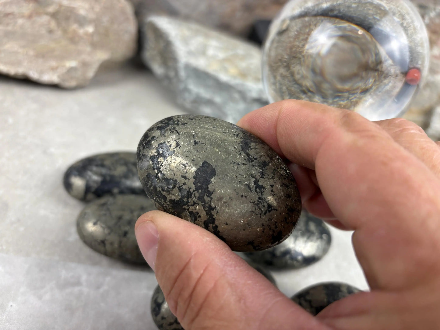 Spanish Black Iron Pyrite Egg Palm Stones Crystal Polished Home Decor, Meditation Dense Heavy stones for distraction from anxiety