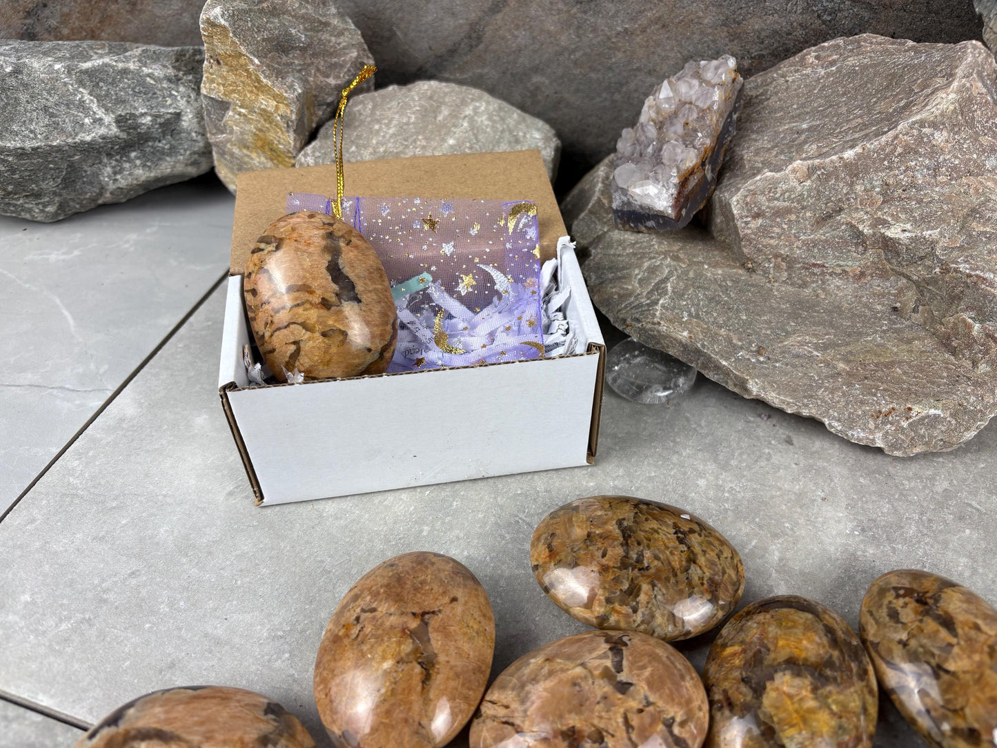 Rajasthan Orange Moonstone with Smoky Quartz Palm Stone Polished Worry Stone Home Decor Anxiety Pocket Gift Worry Pocket Stress Birthday