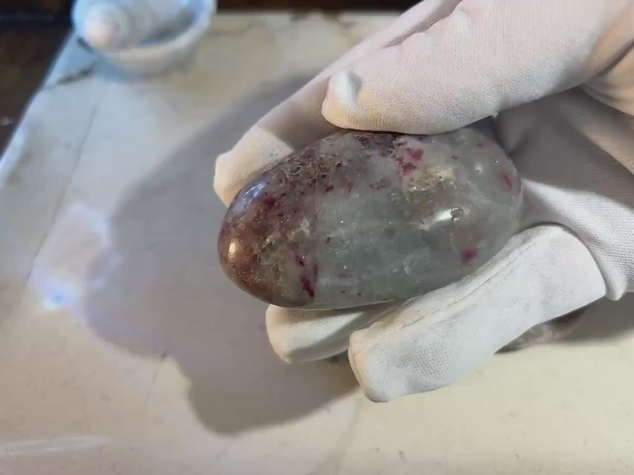 Plum Tourmaline Palm Stone: Polished Crystal for Anxiety, Meditation