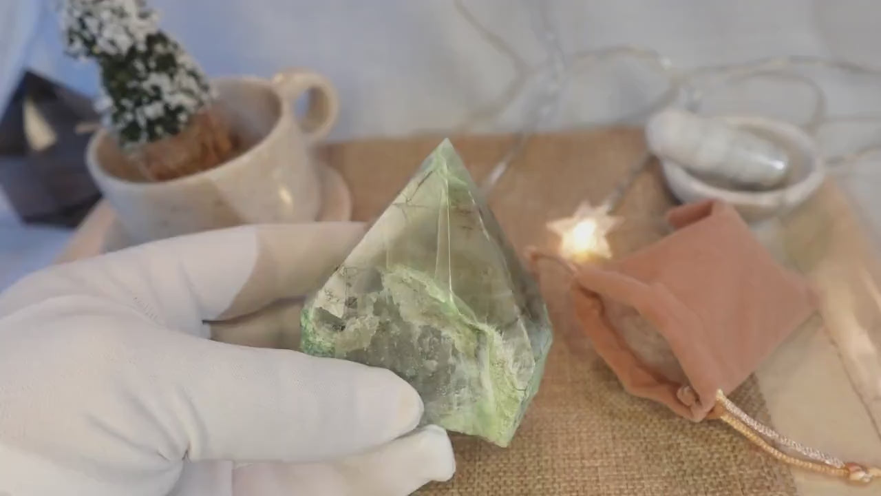 Green Moonstone Crystal Point: Polished Raw Stone, Meditation Decor