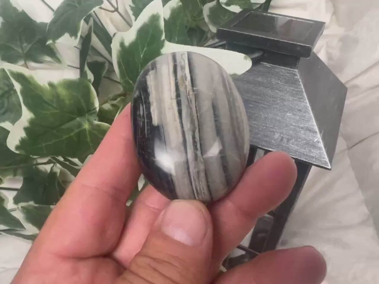 English Banded Agate Palm Stone: Carved Crystal Worry Stone