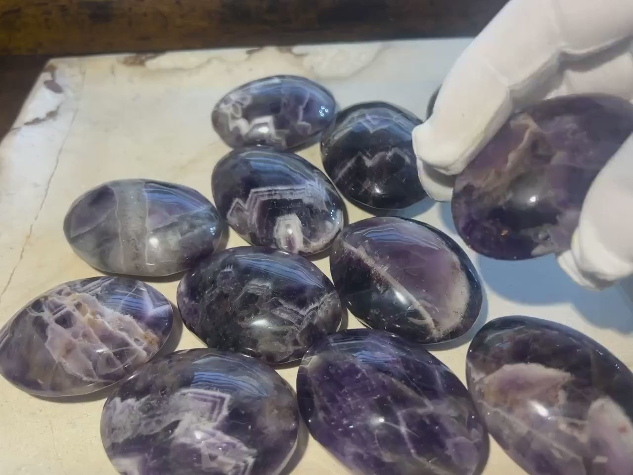 Dream Amethyst Palm Stone: Polished Carved Crystal, Home Decor