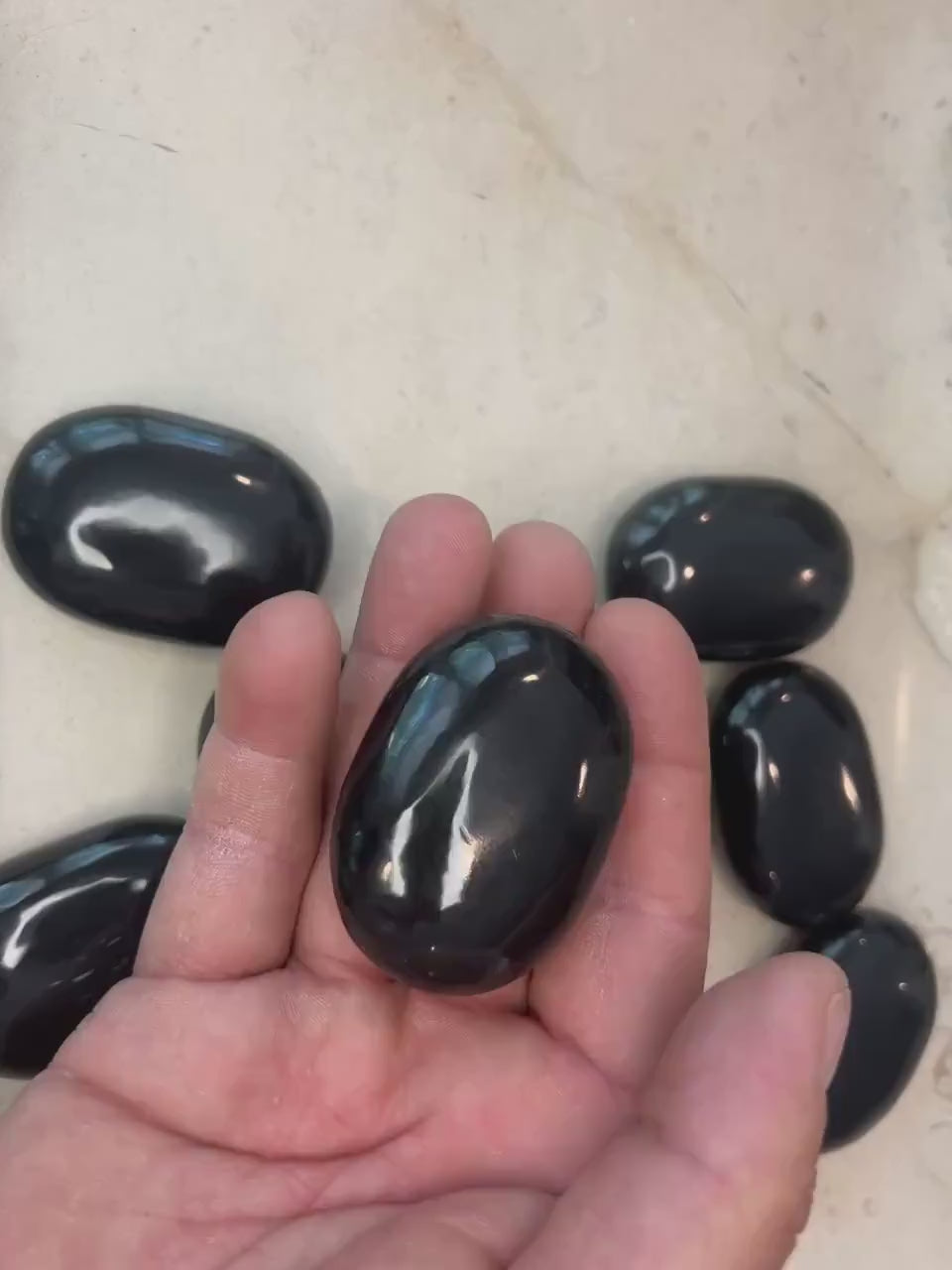 Indian Black Agate Palm Stone: Polished Worry Stone, Home Decor