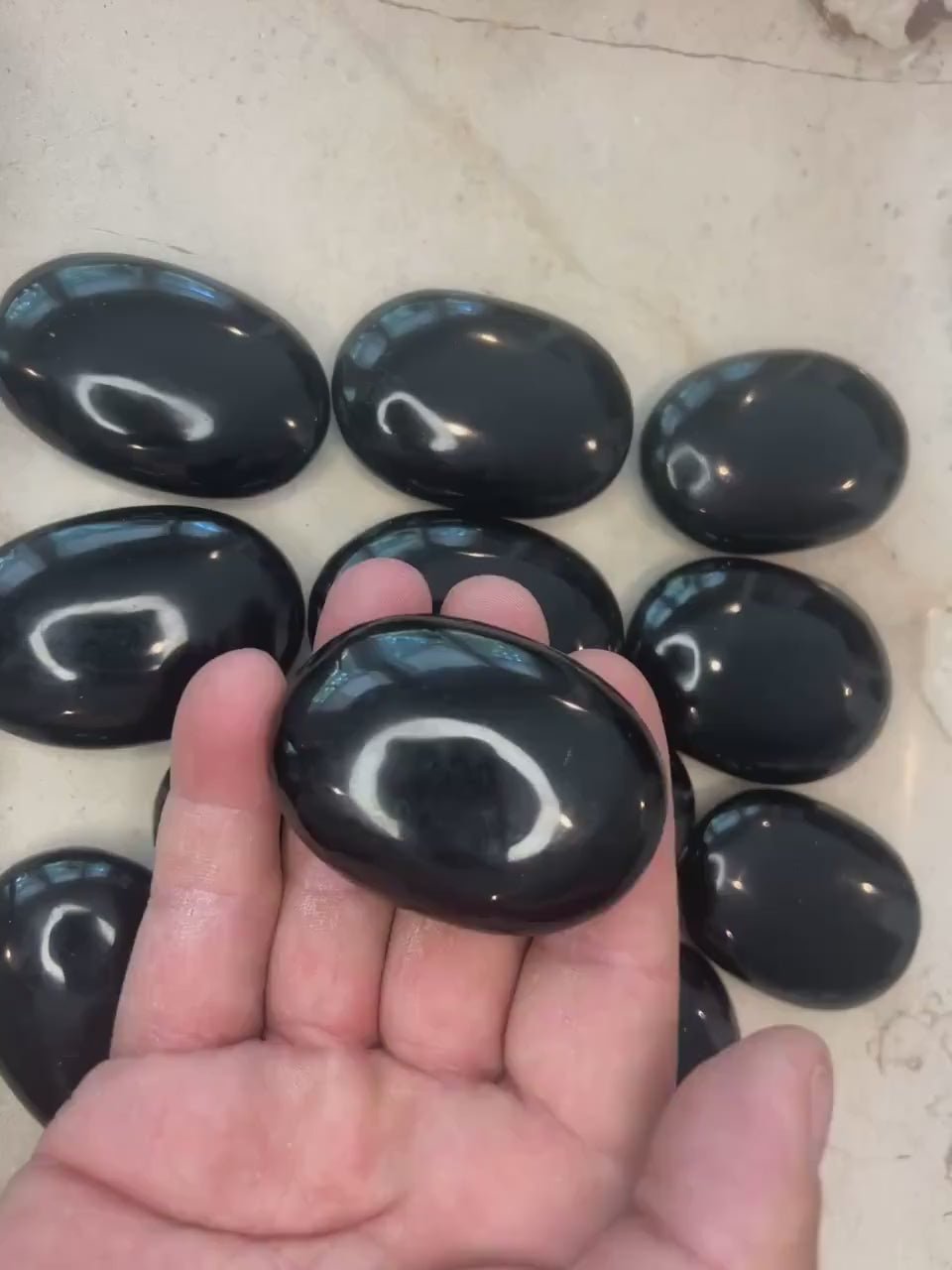 Indian Black Tourmaline Palm Stone: Pocket Worry Stone, Chakra Decor