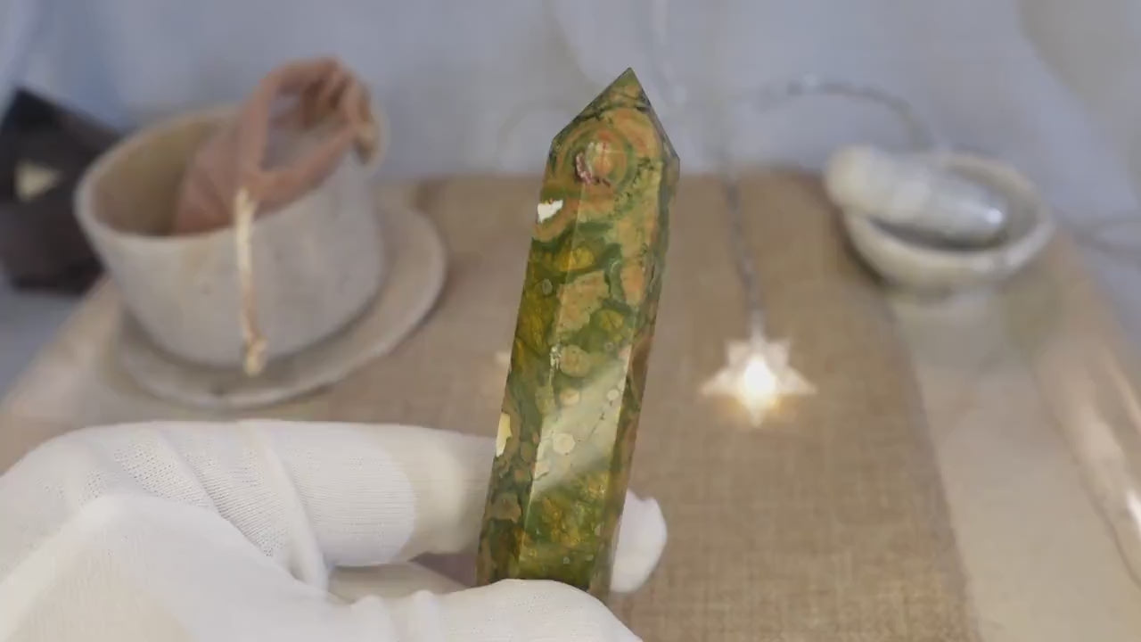 Ocean Sea Jasper Crystal Point: Polished Carving, Meditation Worry Stone