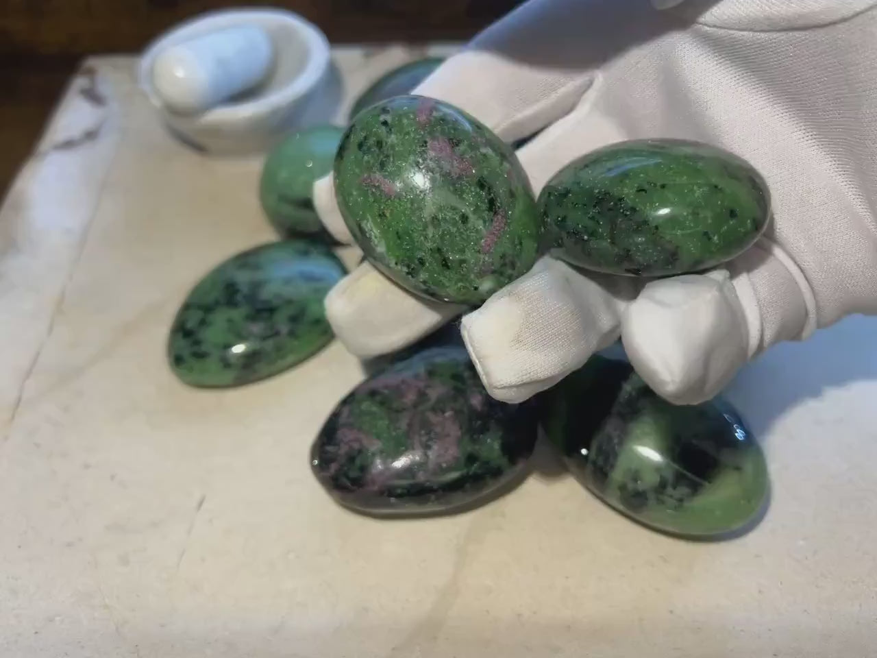Ruby in Zoisite Palm Stone: Polished Carved Crystal, Anxiety Relief