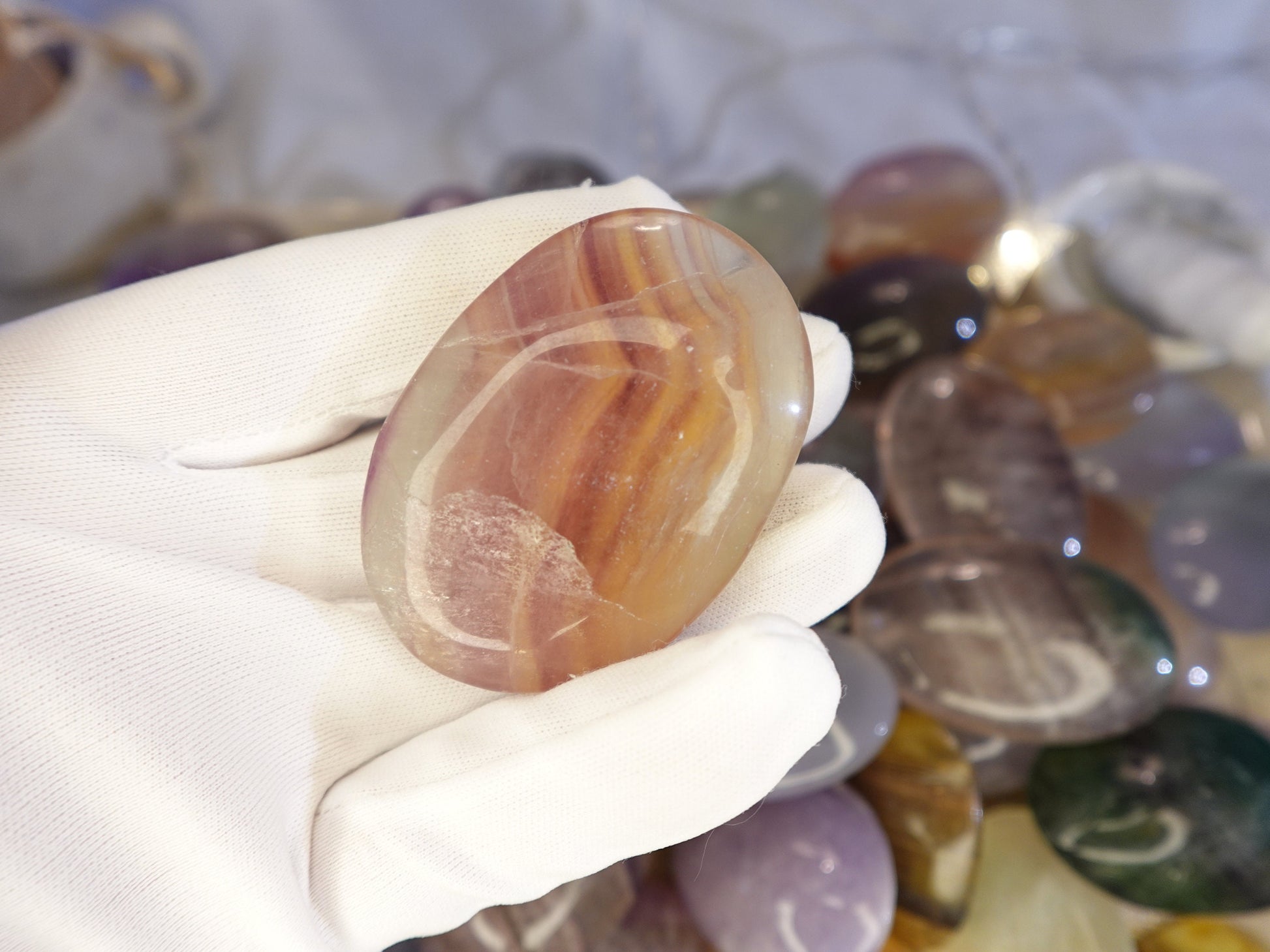 Rainbow Candy Fluorite Natural Palm Stone Smooth Polished Carved Crystal for Distraction from Anxiety or Worry Home Decor Holiday Xmas