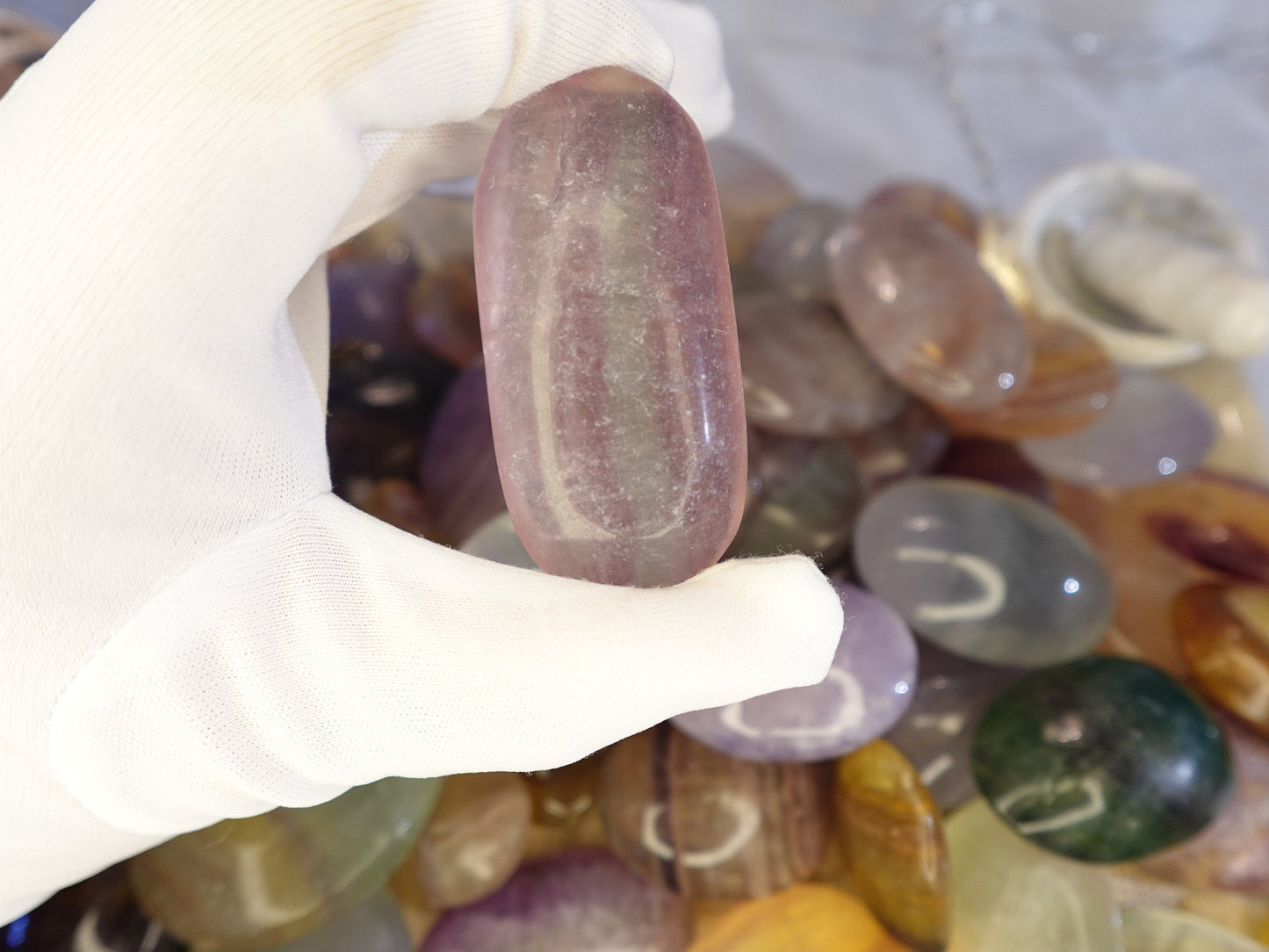 Rainbow Candy Fluorite Natural Palm Stone Smooth Polished Carved Crystal for Distraction from Anxiety or Worry Home Decor Holiday Xmas