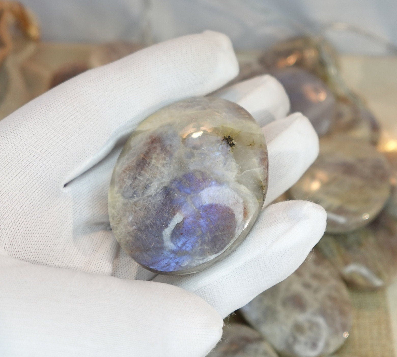 Blue Moonstone Natural Palm Stone Smooth Polished Carved Crystal for Distraction Gift Birthday Home Decor Christmas Pocket Anxiety Xmas