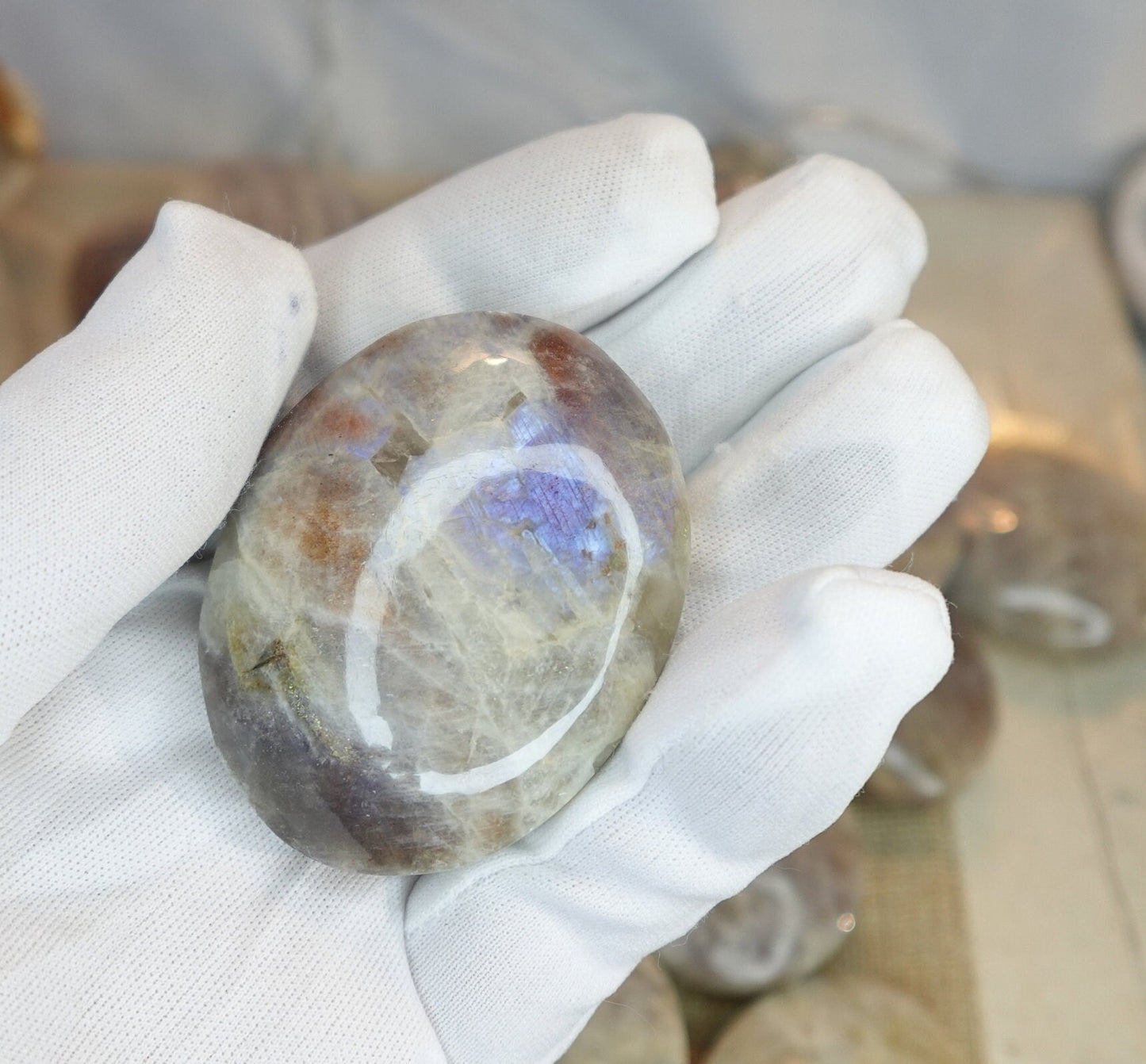 Blue Moonstone Natural Palm Stone Smooth Polished Carved Crystal for Distraction Gift Birthday Home Decor Christmas Pocket Anxiety Xmas