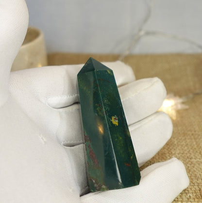 Sea Jasper Crystal Tower: Polished Green, Gold, and Red Stone Wand