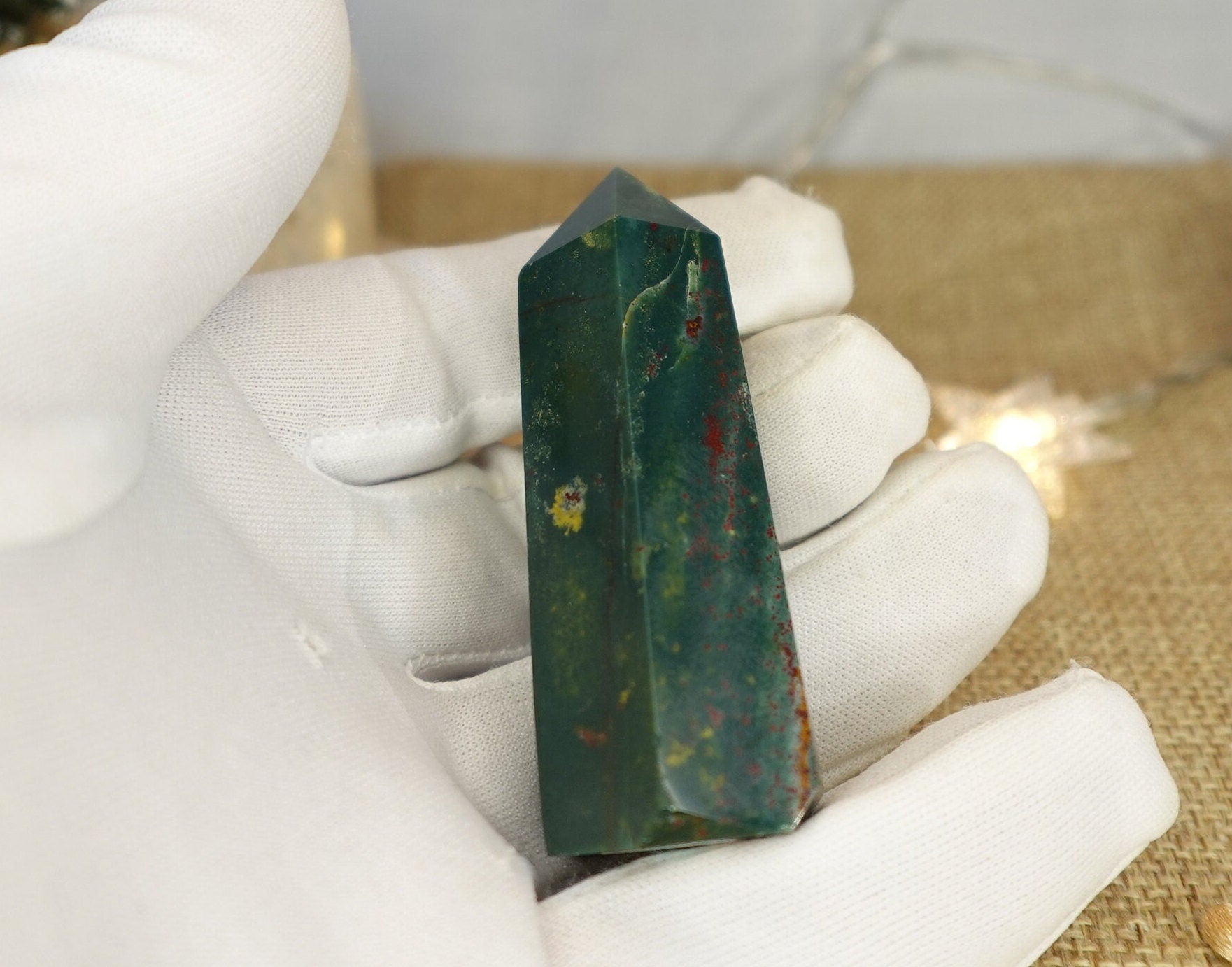 Sea Jasper Crystal Tower: Polished Green, Gold, and Red Stone Wand