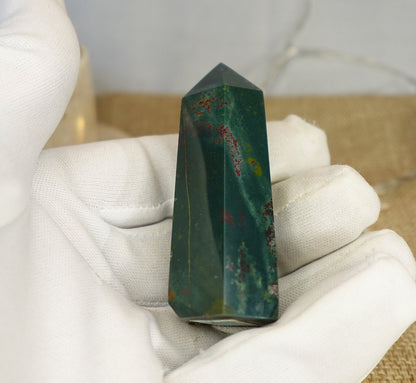 Sea Jasper Crystal Tower: Polished Green, Gold, and Red Stone Wand