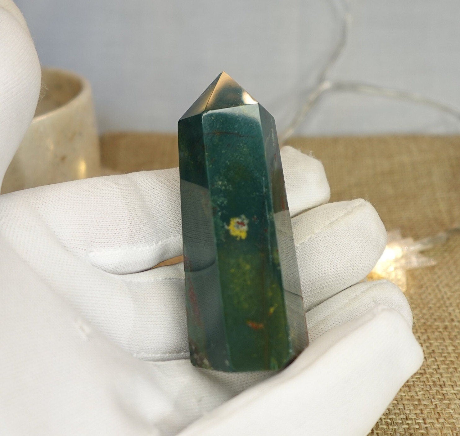 Sea Jasper Crystal Tower: Polished Green, Gold, and Red Stone Wand