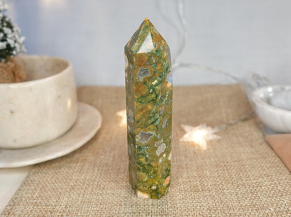 Sea Jasper Crystal Tower: Polished Carved Stone, Home Decor (4.25")