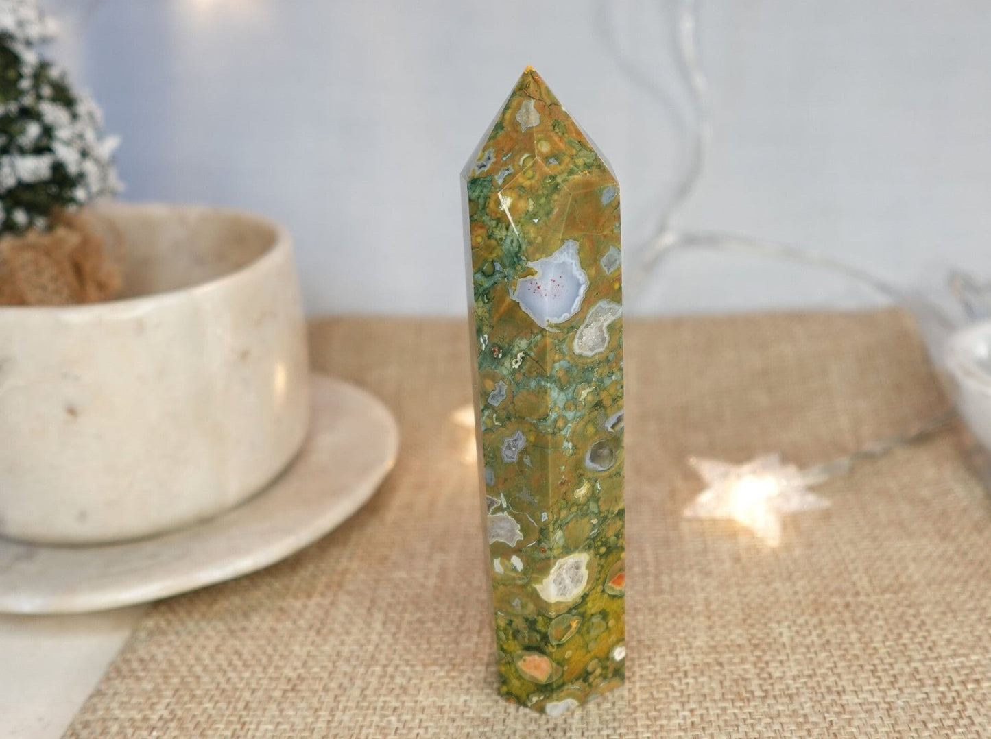 Sea Jasper Crystal Tower: Polished Carved Stone, Home Decor (4.25")