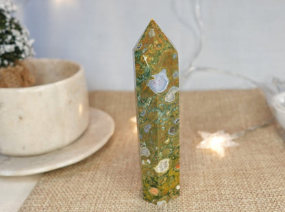 Sea Jasper Crystal Tower: Polished Carved Stone, Home Decor (4.25")