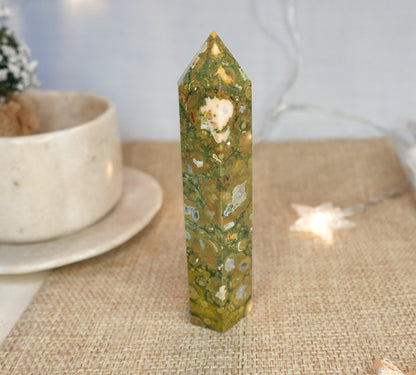 Sea Jasper Crystal Tower: Polished Carved Stone, Home Decor (4.25")