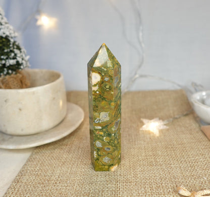 Sea Jasper Crystal Tower: Polished Carved Stone, Home Decor (4.25")