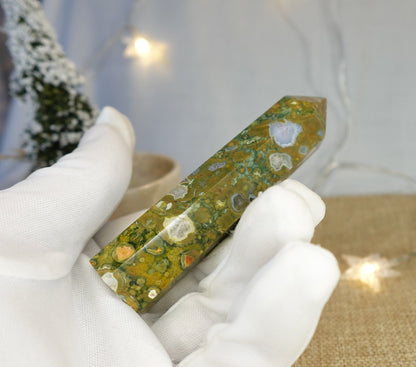 Sea Jasper Crystal Tower: Polished Carved Stone, Home Decor (4.25")