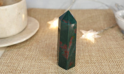 Polished Sea Jasper Tower: Green, Gold, and Red Crystal Decor