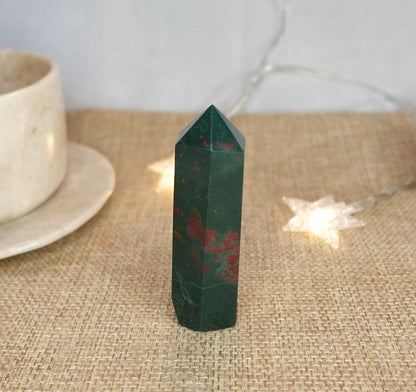 Polished Sea Jasper Tower: Green, Gold, and Red Crystal Decor