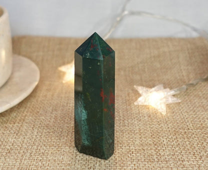 Polished Sea Jasper Tower: Green, Gold, and Red Crystal Decor