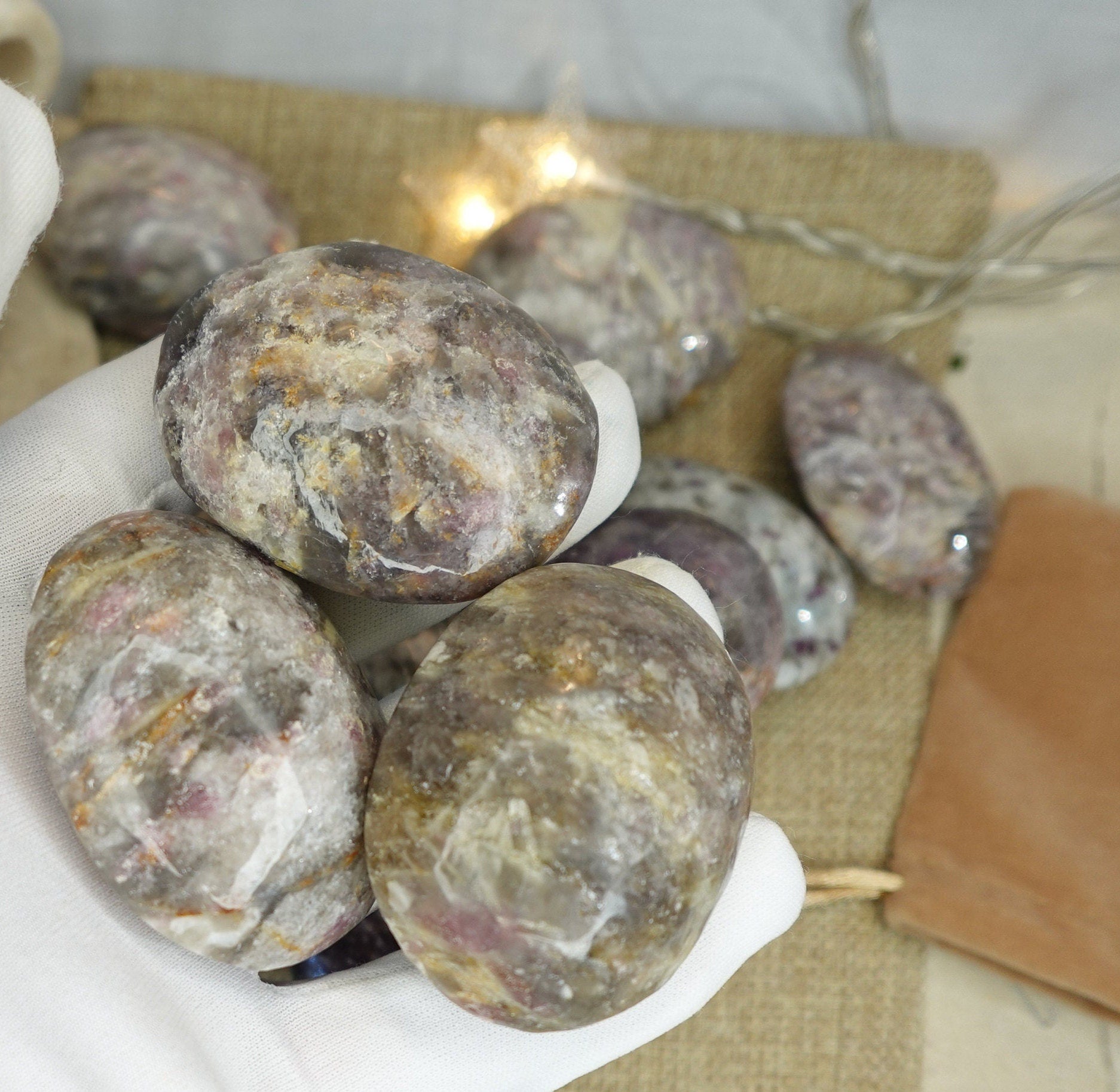 Pink Tourmaline Natural Palm Stone Smooth Polished Carved Crystal for Christmas Decor Gift Home