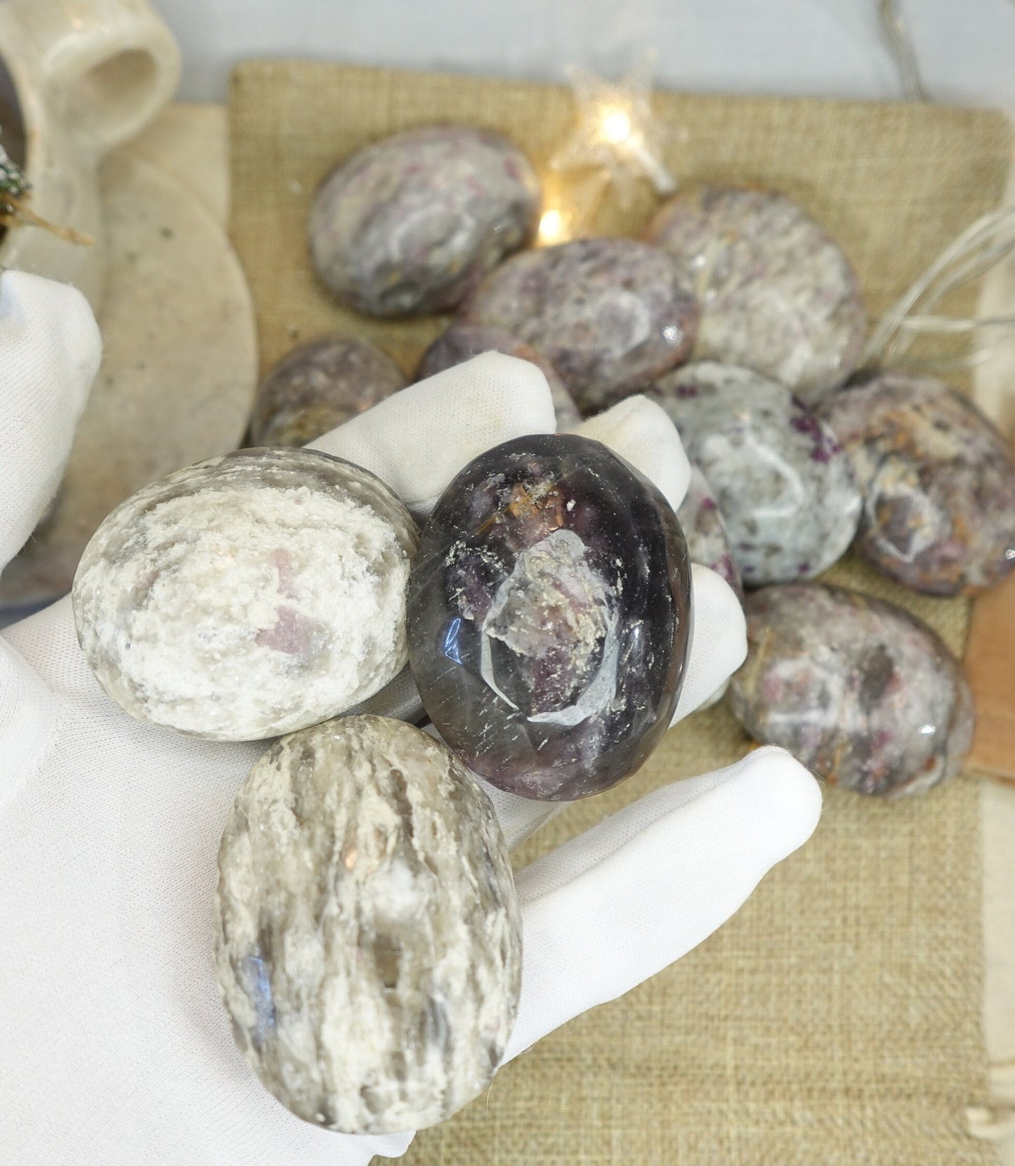 Pink Tourmaline Natural Palm Stone Smooth Polished Carved Crystal for Christmas Decor Gift Home