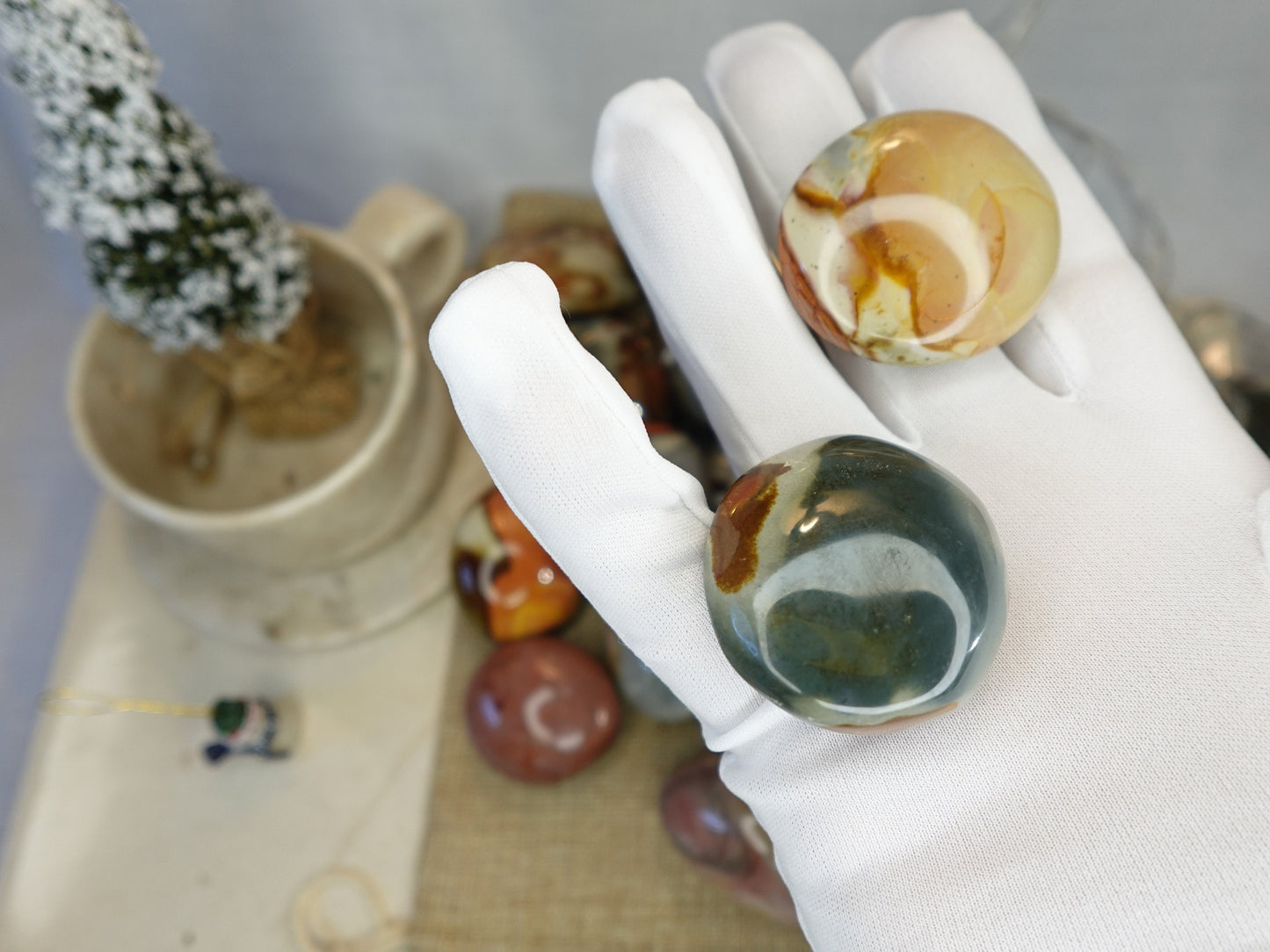 Polychrome Jasper Natural Palm Stone Smooth Polished Carved Crystal for Home Decor Christmas Xmas Gift Garden Calm Anxiety Meditation