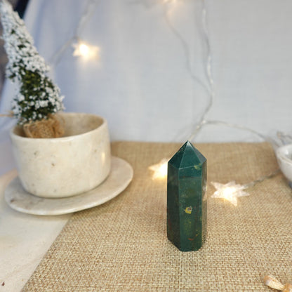 Sea Jasper Crystal Tower: Polished Green, Gold, and Red Stone Wand