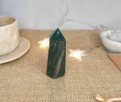 Sea Jasper Crystal Tower: Polished Green, Gold, and Red Stone Wand