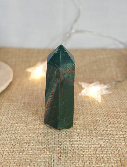 Sea Jasper Crystal Tower: Polished Green, Gold, and Red Stone Wand