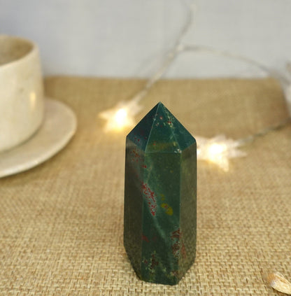 Sea Jasper Crystal Tower: Polished Green, Gold, and Red Stone Wand