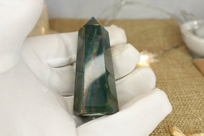 Sea Jasper Crystal Tower: Polished Green, Gold, and Red Stone Wand