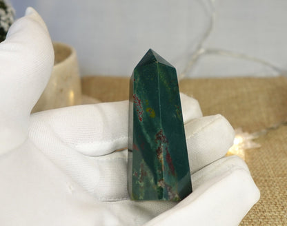 Sea Jasper Crystal Tower: Polished Green, Gold, and Red Stone Wand