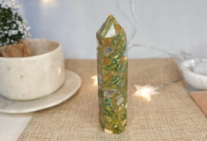 Sea Jasper Crystal Tower: Polished Carved Stone, Home Decor (4.25")