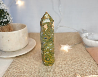 Sea Jasper Crystal Tower: Polished Carved Stone, Home Decor (4.25")