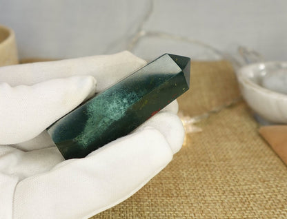 Polished Sea Jasper Tower: Green, Gold, and Red Crystal Decor