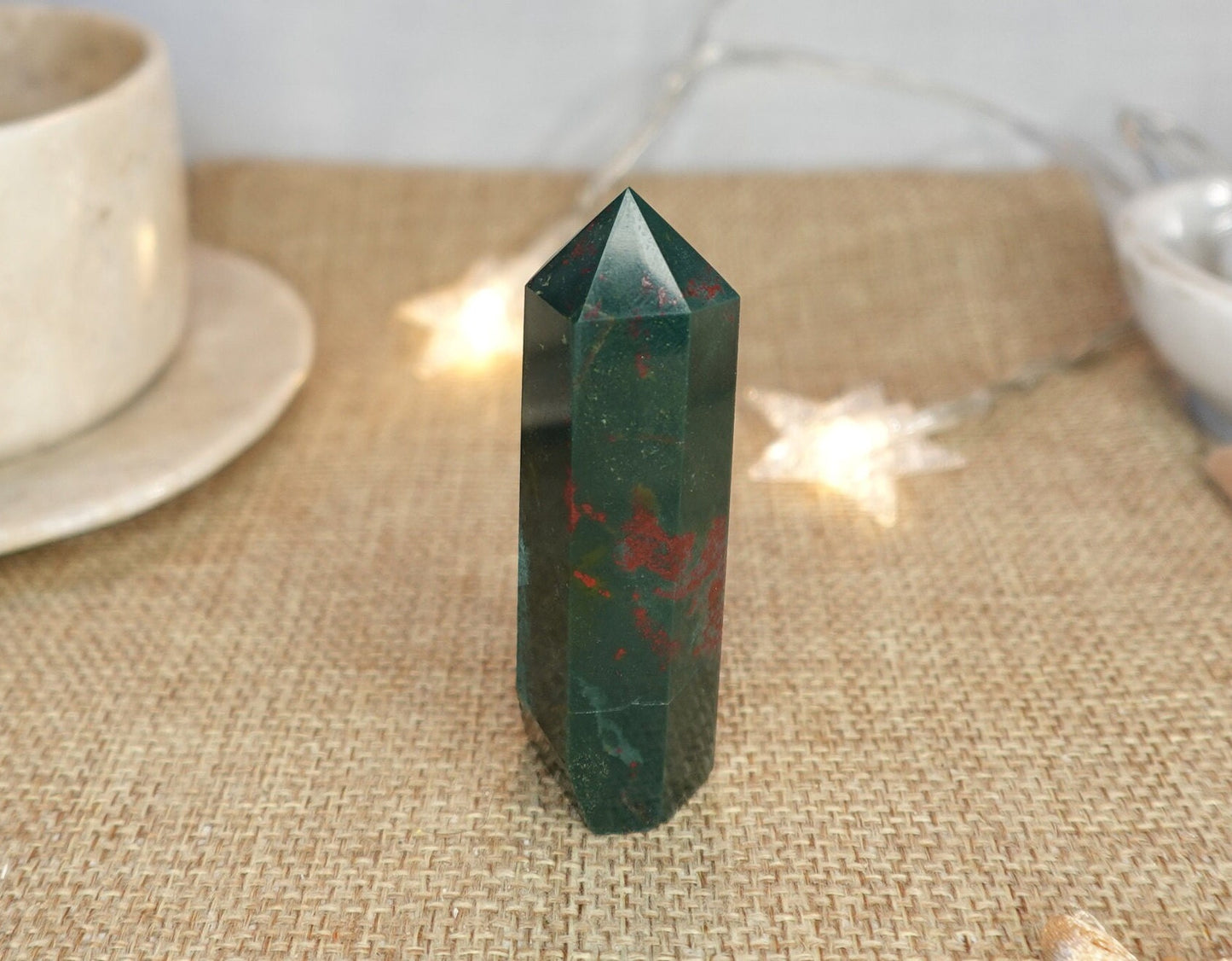 Polished Sea Jasper Tower: Green, Gold, and Red Crystal Decor
