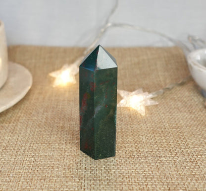 Polished Sea Jasper Tower: Green, Gold, and Red Crystal Decor