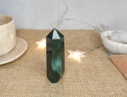 Polished Sea Jasper Tower: Green, Gold, and Red Crystal Decor