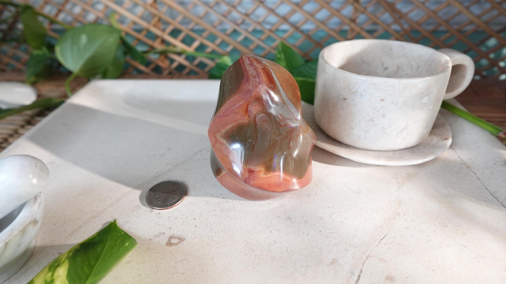 13.5oz Polychrome Jasper Polished Carved Flame Natural Crystal Home Decor Anxiety Stress Relief Christmas Xmas Decor Paperweight Desk