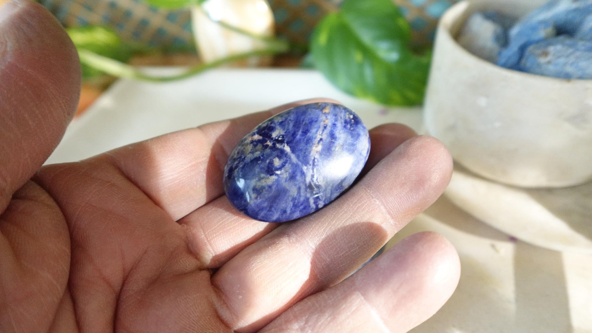 Blue Sodalite Natural Medium Palm Stone Smooth Polished Carved Crystal for Distraction Anxiety Christmas Xmas Birthday Gift Worry Anxiety
