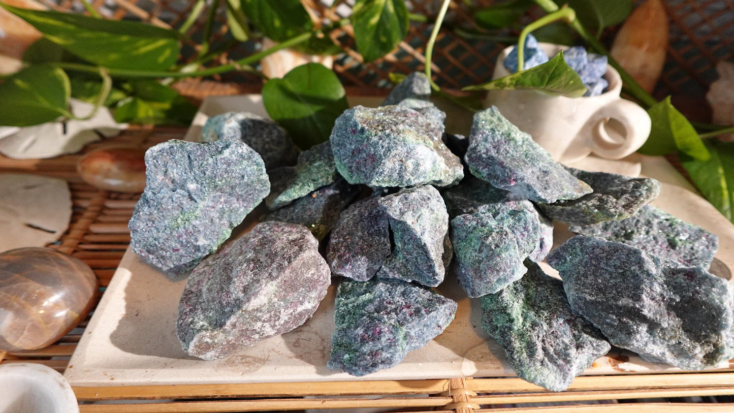 Raw Ruby in Fuchsite Specimen: Untreated Crystal for Home Decor